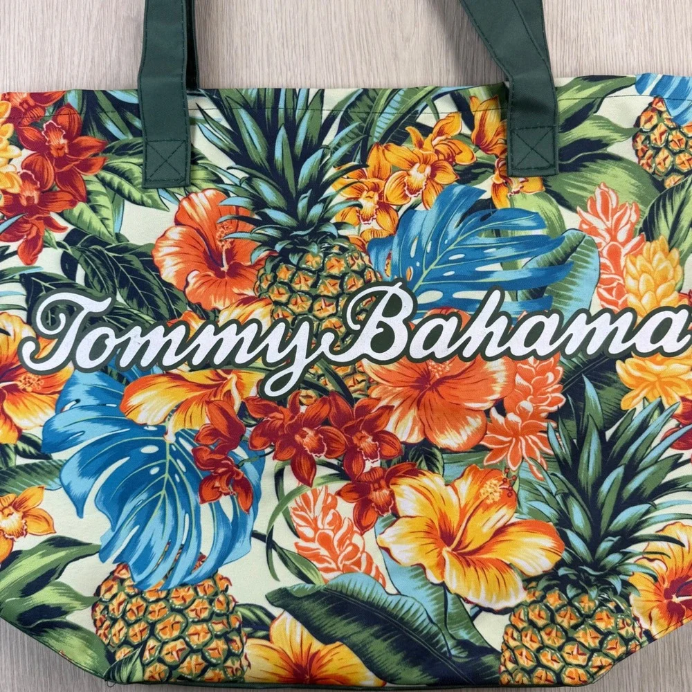 Tommy Bahama Tropical Floral Pineapple Tote Bag Green Canvas Beach Travel Large